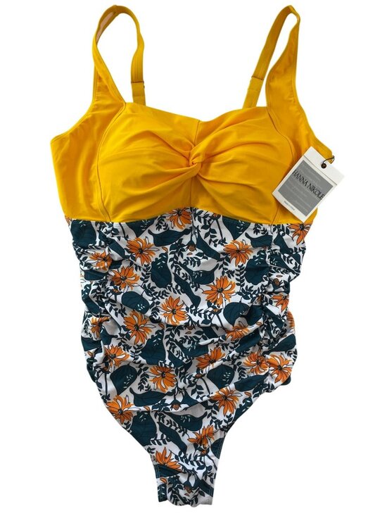 Hanna Nikole Other - Hanna Nikole Floral One-Piece Swimsuit Yellow Knot Front Adj Straps Size 24W NWT